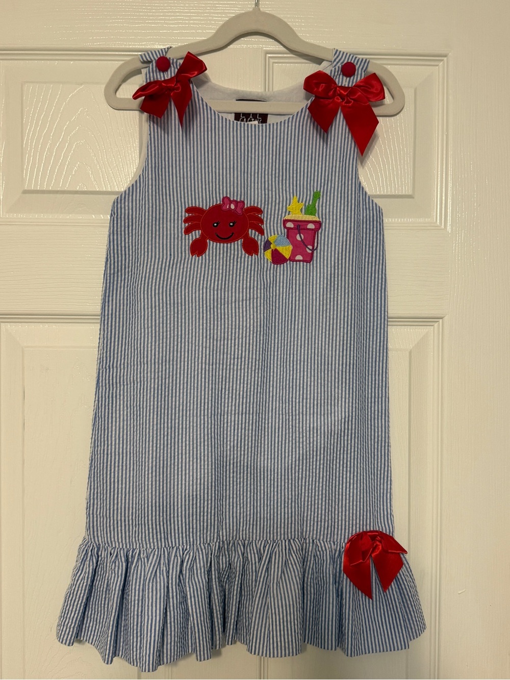 Girls' Seersucker Crab Applique Dress with Red Bows